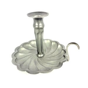 Vintage Footed Pewter Chamber Candle Stick Holder With Handle. Retro Farmhouse
